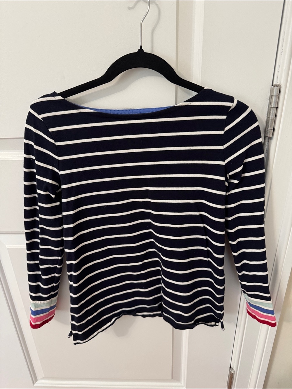 Striped Navy and White Boatneck Top with Multi-Color Cuff Detail